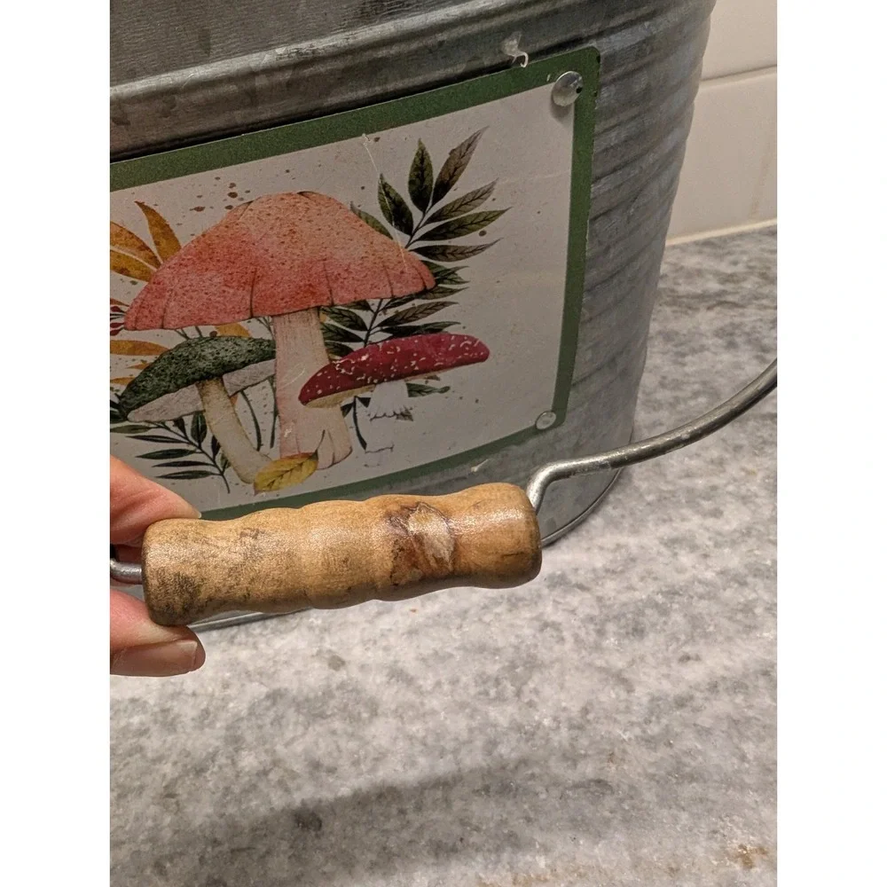 Mushroom Metal Bucket With Wooden Handle Kitschy 8